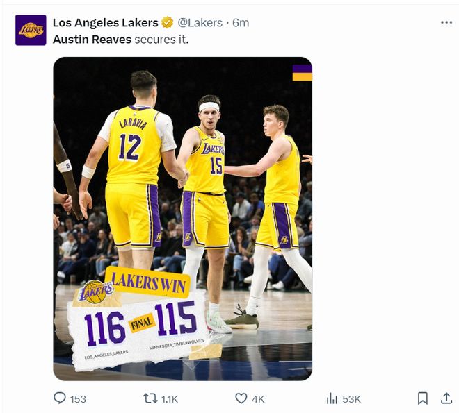 里夫斯绝杀冲上全美第1热搜：魔术师直言英雄 湖媒东契奇都赞山羊