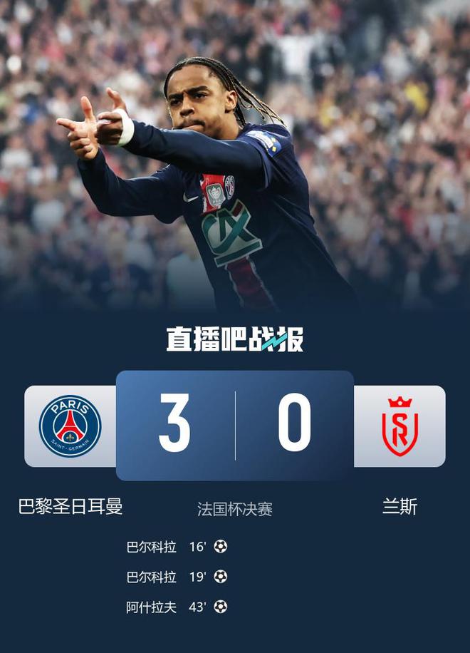 剑指欧冠！巴黎3-0兰斯加冕法国杯&国内夺3冠 巴尔科拉2射1传