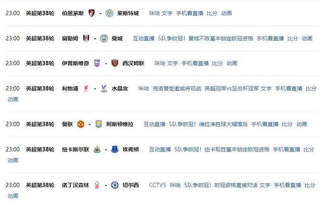 今晚23点，英超大结局！欧冠席位5选3，CCTV5直播
