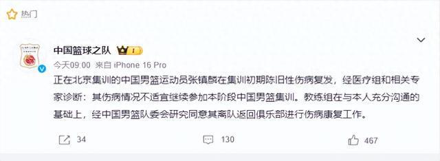 官方确认！张镇麟因伤退出男篮集训