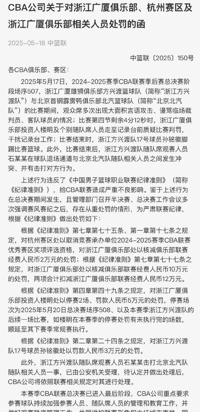 罚单!孙铭徽踢球、球迷谩骂,广厦老板停赛+罚款,CBA空场警告
