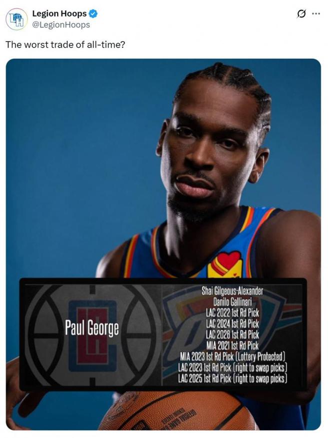 SGA夺MVP!美媒:当年快船用9换1得乔治是有史以来最糟糕交易吗?