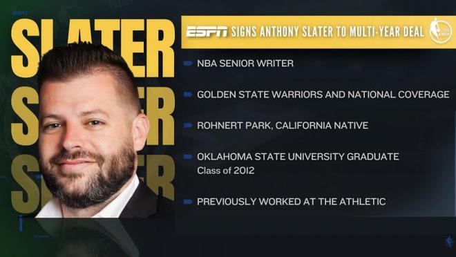 勇士今夏首笔操作!队记Slater转会至ESPN