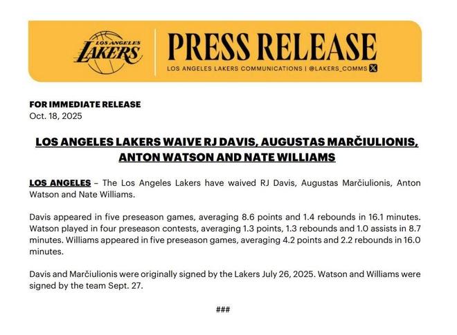 官方：湖人裁掉RJ-戴維斯、安東-沃特森等4人