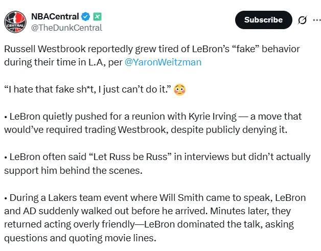 不裝了！美國記者爆料：威少討厭詹姆斯的兩面派，扉頁戰(zhàn)神！