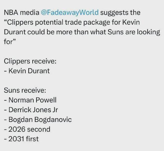 5换1！美媒建议交易杜兰特！快船有望轰动整个NBA