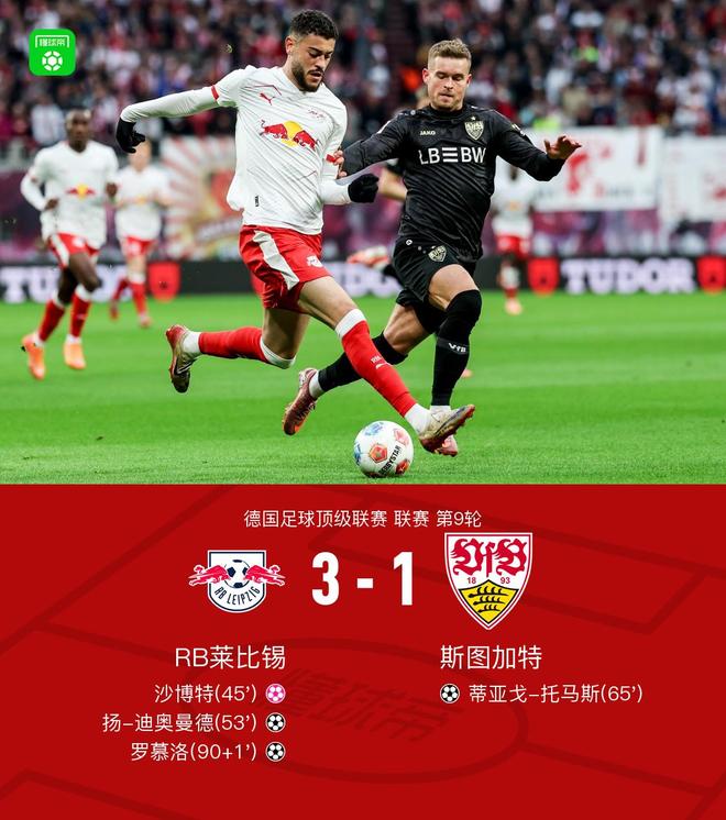 莱比锡3-1斯图加特，罗慕洛、迪奥曼德破门，努贝尔超级失误