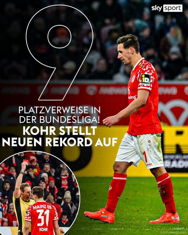 美因茨后衛(wèi)科爾德甲生涯第9次染紅，成德甲歷史染紅最多球員