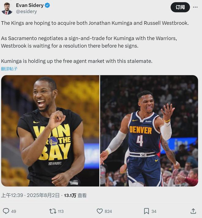 恭喜威少！确定下家！库明加成为休赛期最强防守球员