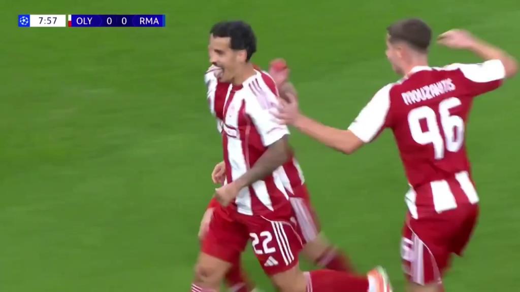 皇马客场丢球！奥林匹亚科斯中场断球！奇奎尼奥抽射得手！