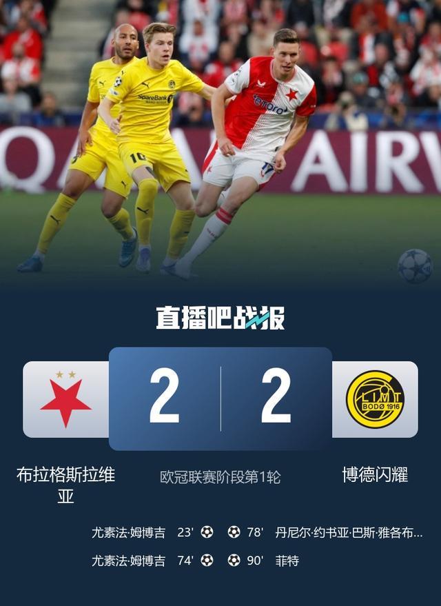 绝平！博德闪耀2-2客平布拉格斯拉维亚 博德闪耀拿到队史欧冠首分