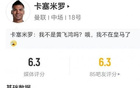 兩黃變一紅被罰下，卡塞米羅數(shù)據(jù)：1射1正進(jìn)1球，1次關(guān)鍵傳球