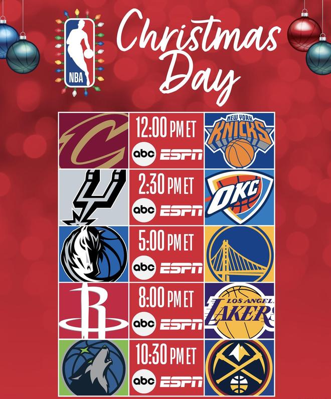 NBA官宣圣诞大战时间安排：凌晨有3场比赛，早上九点火湖大战