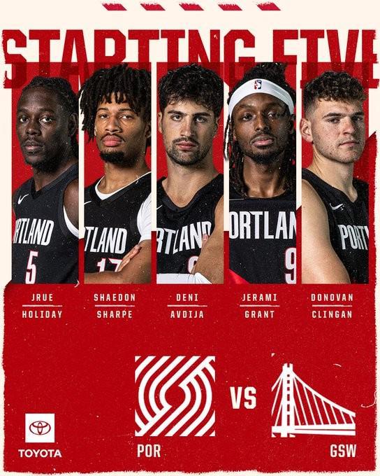 杨瀚森继续替补,开拓者首发阵容不变,勇士队库里霍福德首发