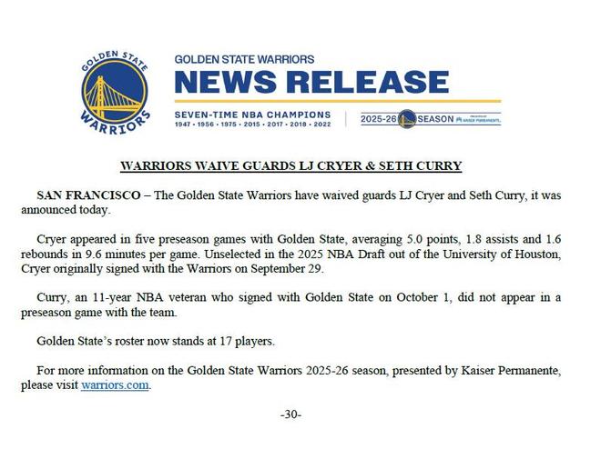 官方：勇士裁掉小库里和克莱尔