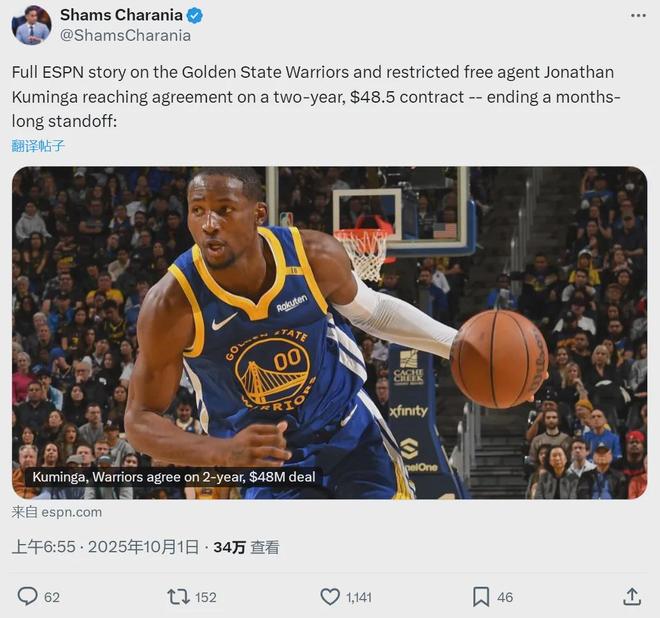 重磅！2年1.19亿！勇士大结局，恭喜库里！