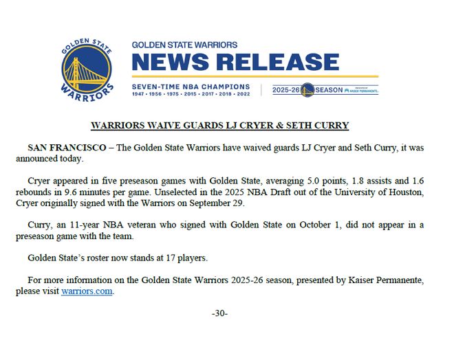 官方：勇士裁掉后卫塞斯·库里与奎尔