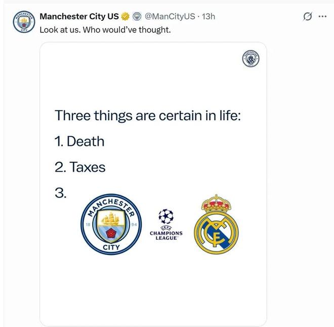 死亡、税收、踢皇马!曼城官媒感叹人生三大事 已连续5年欧冠交手