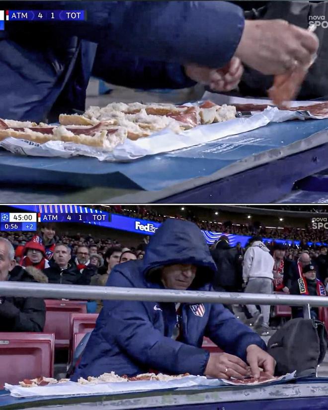 看饿了，4-1领先时马竞球迷在看台上悠闲地制作三明治