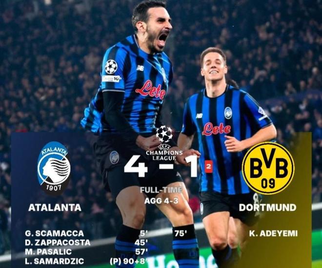 真蓝黑！亚特兰大是近7年欧冠首支落后两球次回合翻盘的球队