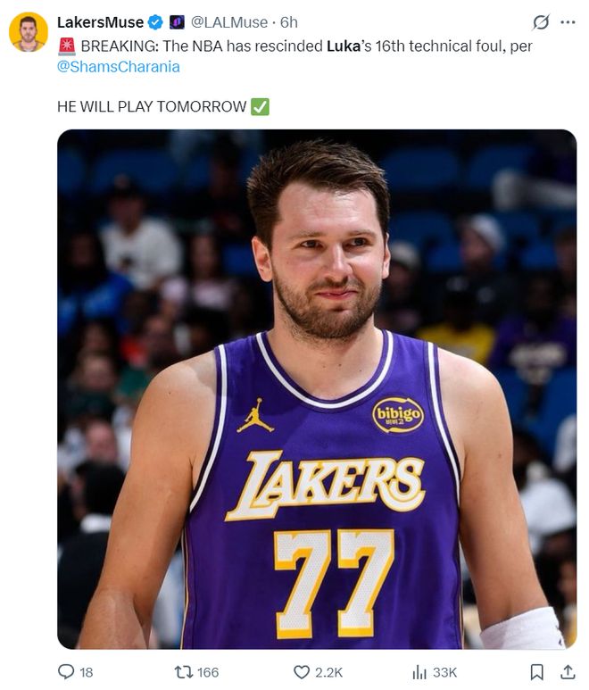 湖人13战12胜两点联盟前5！东契奇场均36+8+7 取消技犯引名嘴不满