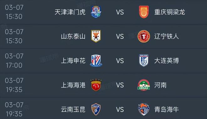 中超第一轮明天3月7日赛程:山东PK辽宁,申花PK大连,海港PK河南