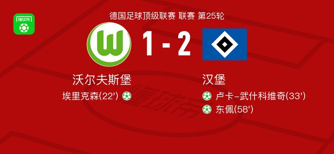 汉堡2-1逆转沃尔夫斯堡,东佩点射,卢卡-武什科维奇点射