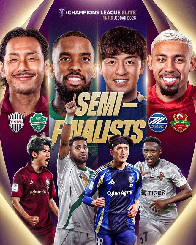 亚冠精英联赛四强对阵：神户vs吉达国民，町田vs迪拜青年国民