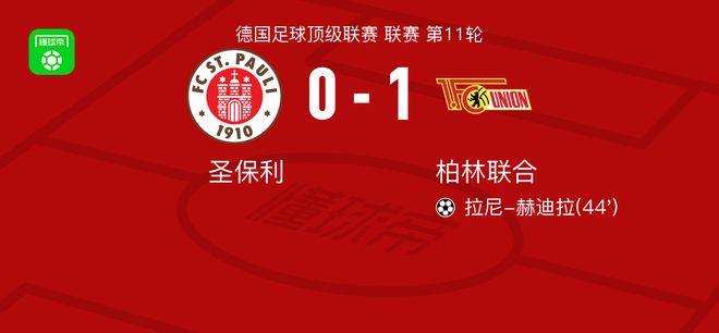 柏林联合1-0圣保利，拉尼-赫迪拉制胜球