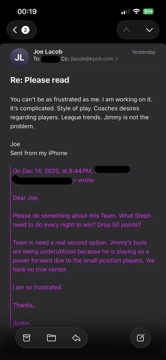 一球迷向勇士老板发邮件要求引进第二得分点，后者共情回复并安抚