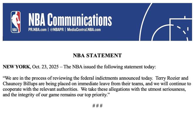 NBA官方：比盧普斯和羅齊爾已被勒令立即離開所屬球隊