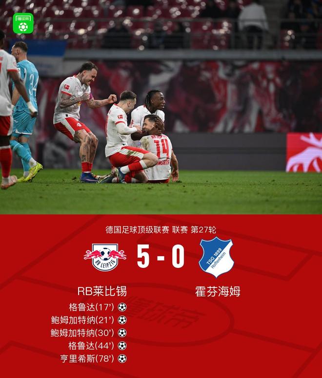 莱比锡5-0霍芬海姆，鲍姆加特纳、格鲁达双响，亨里希斯破门