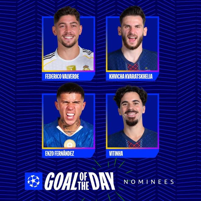 欧冠今日最佳进球候选：巴尔韦德、恩佐、维蒂尼亚、KK入围