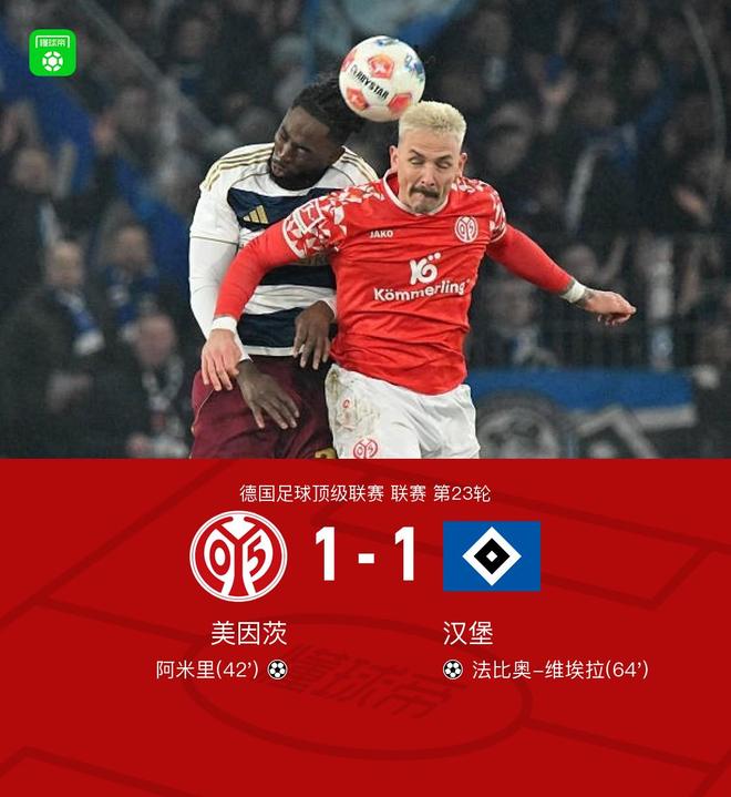 美因茨1-1汉堡，阿米里凌空破门，法比奥-维埃拉任意球扳平