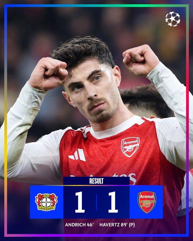 热闻|哈弗茨点球绝平旧主！阿森纳1-1勒沃库森，欧冠8连胜终结