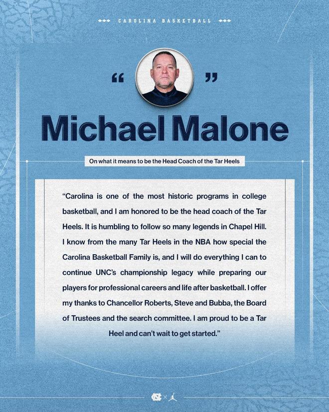 官方：迈克尔-马龙正式成为北卡罗莱纳男篮主教练