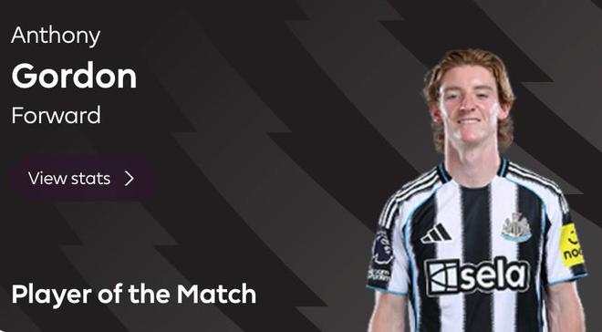 打入唯一进球助纽卡客胜切尔西，安东尼-戈登当选全场最佳