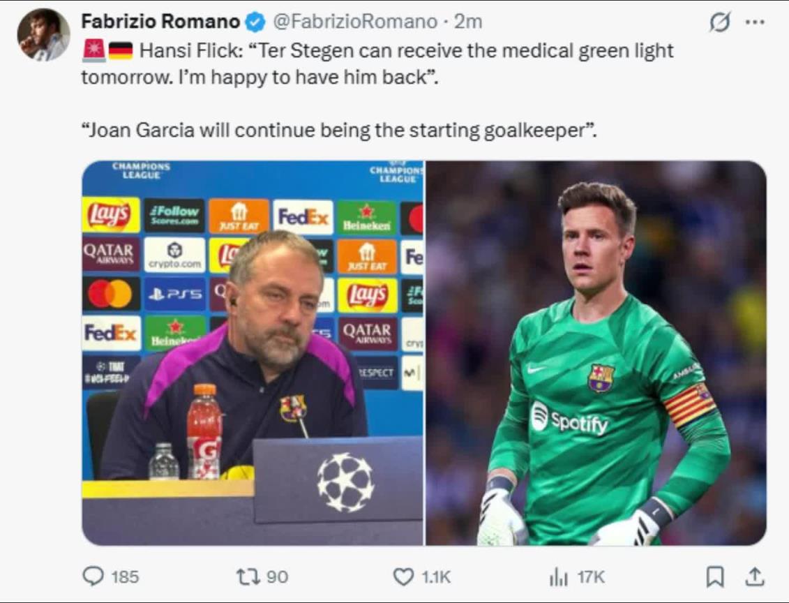 弗里克：特尔施特根明天就能通过体检。我很高兴他能回归