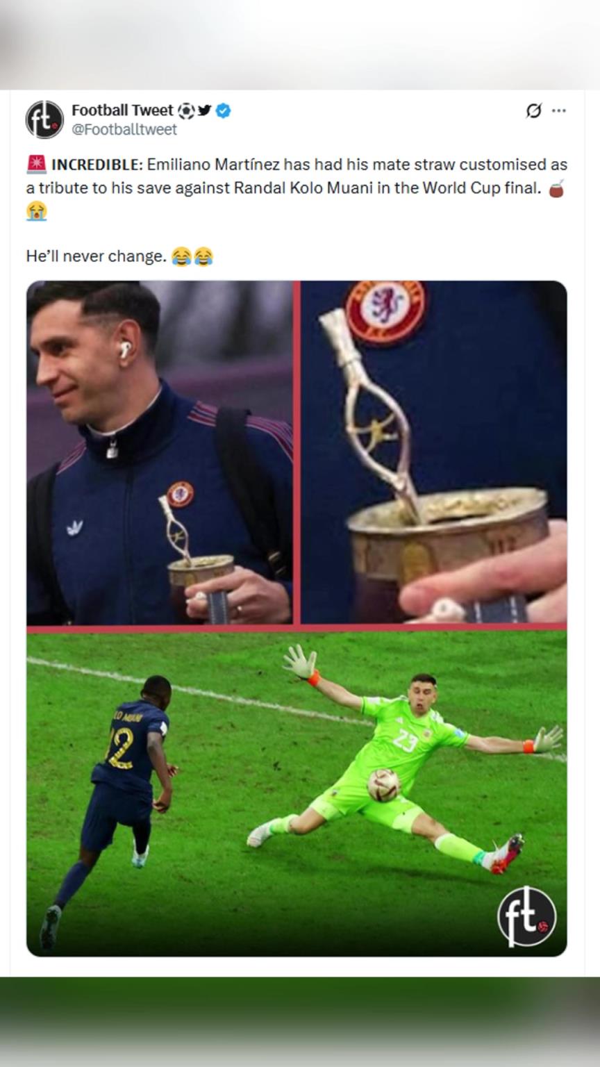 大马丁定制了一根马黛茶吸管,纪念他在世界杯决赛中扑出单刀 大马丁定制了一根马黛茶吸管,纪念他在世界杯决赛中扑出单刀