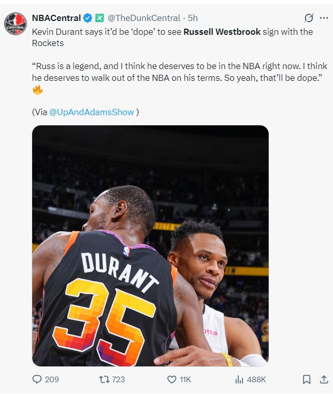 KD表态愿与威少重聚：但我做不了主！答案大O力挺37岁神龟留在NBA