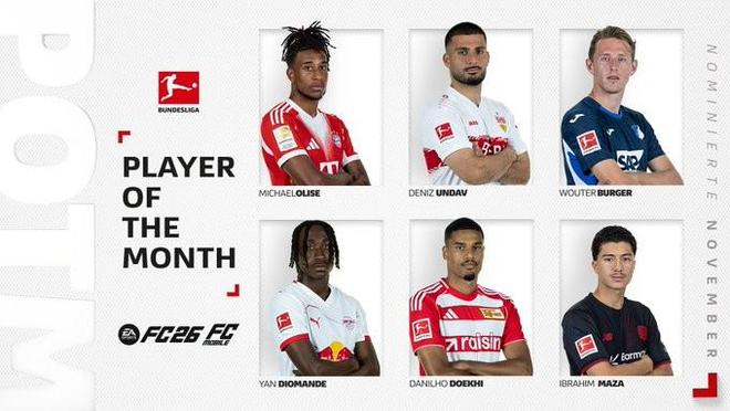 德甲11月最佳球員候選：6球2助攻的昂達夫領銜，奧利塞入選