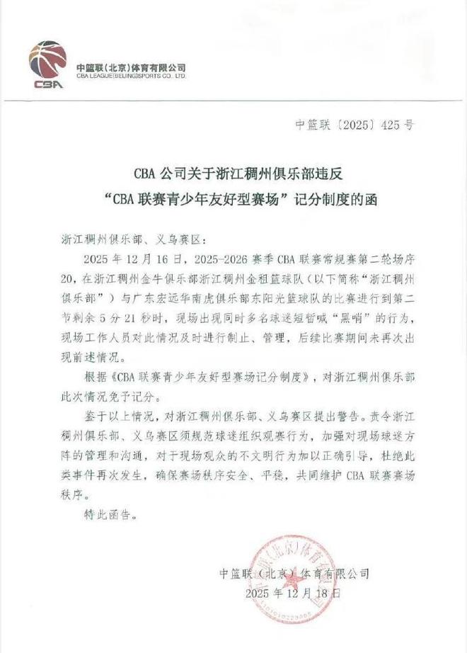 主场球迷高喊“黑哨”，浙江稠州俱乐部被CBA官方予以警告