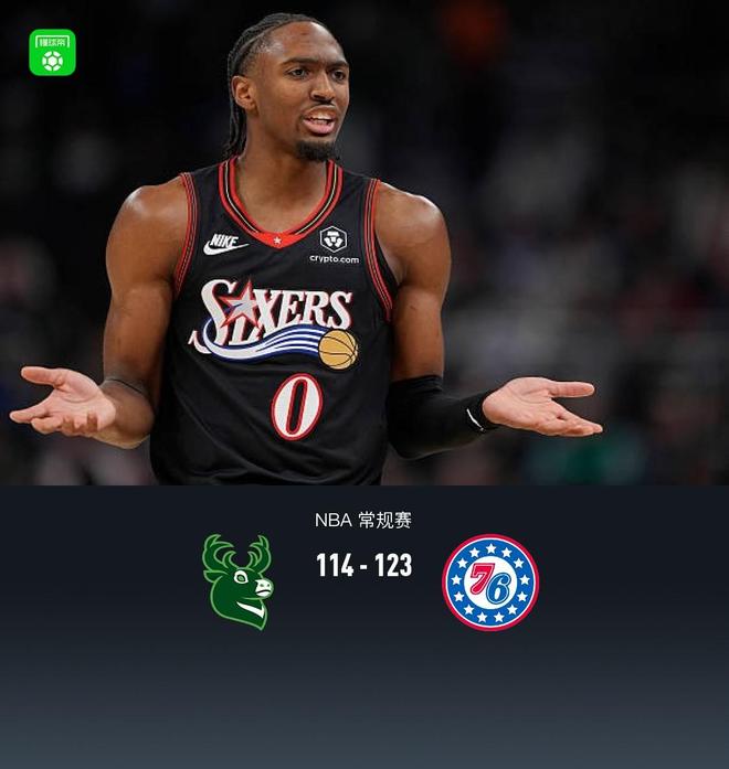 76人加时123-114雄鹿，马克西54+5+9，乔治21分，罗林斯空砍32+6+14