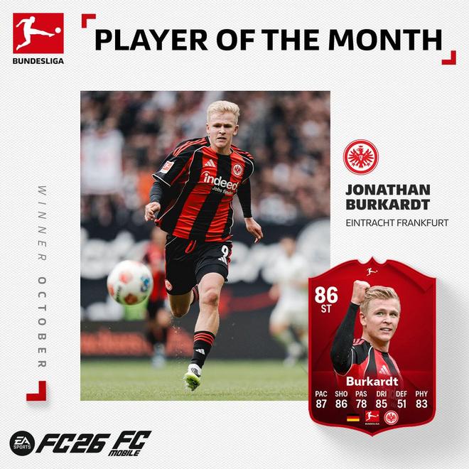 官方：法蘭克福前鋒伯卡特當選德甲10月最佳球員