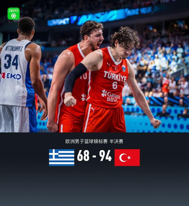 土耳其94-68大勝希臘晉級歐錦賽決賽，申京15+12+6，字母哥12+12