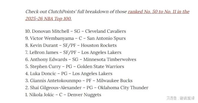 美媒評(píng)現(xiàn)役百大球星：約基奇領(lǐng)跑庫(kù)里第五，詹姆斯杜蘭特?cái)D進(jìn)前十