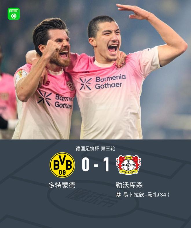 多特0-1勒沃庫森無緣德國杯，馬扎一擊制勝，泰里耶進(jìn)球被吹