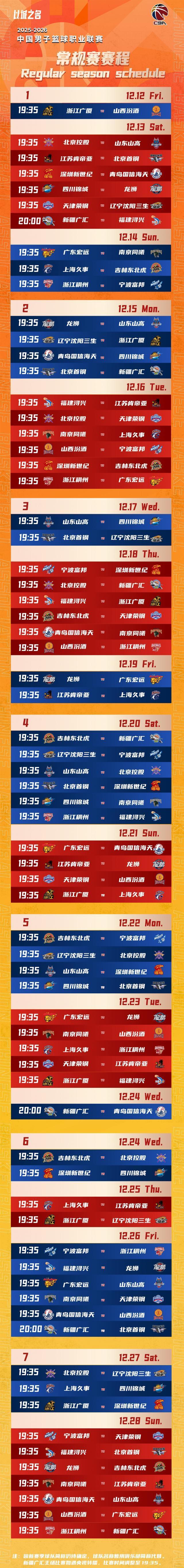CBA新赛季赛程公布：12月12日揭幕战广厦vs山西