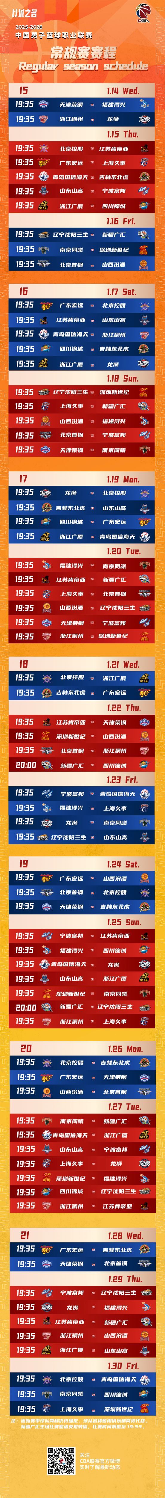CBA新赛季赛程出炉！山东高速男篮首轮客战北控