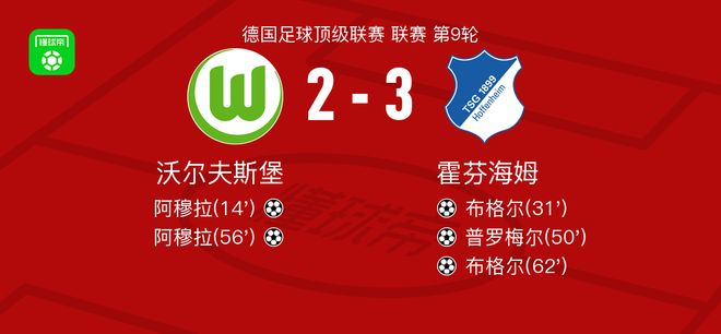 霍芬海姆3-2逆轉(zhuǎn)沃爾夫斯堡，布格爾梅開二度，普羅梅爾1傳1射